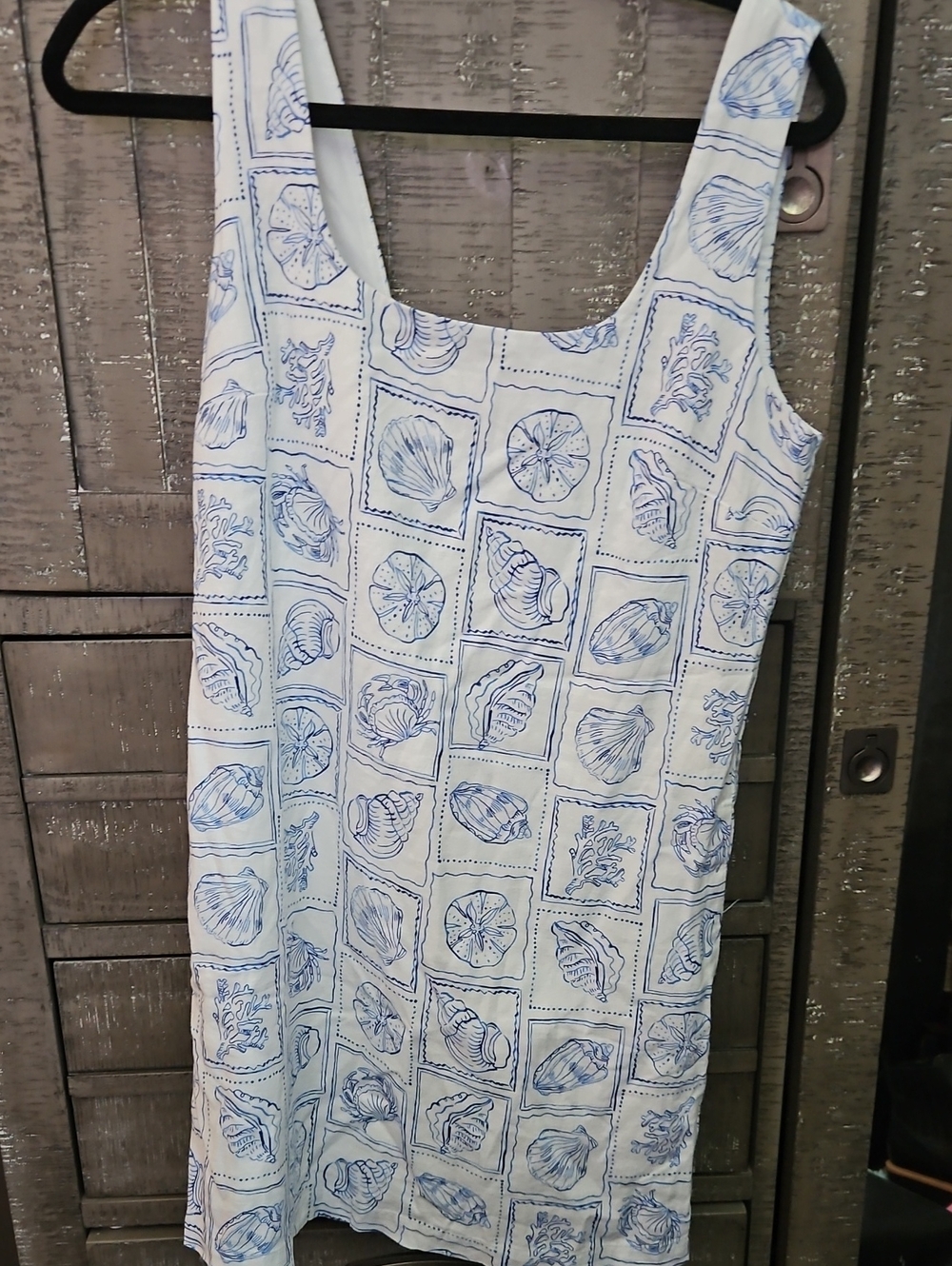 J. Crew White Mini Dress with Blue Shell Print Size Small Linen And Viscos.